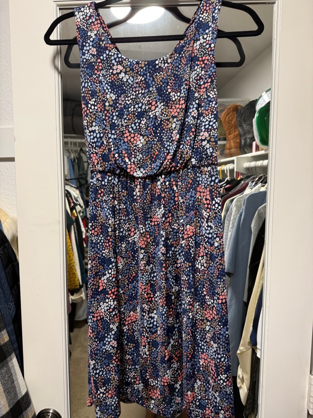 Kaileigh Navy Sleeveless Midi Dress with Pink & White Dot Floral Print - Picture 3 of 3